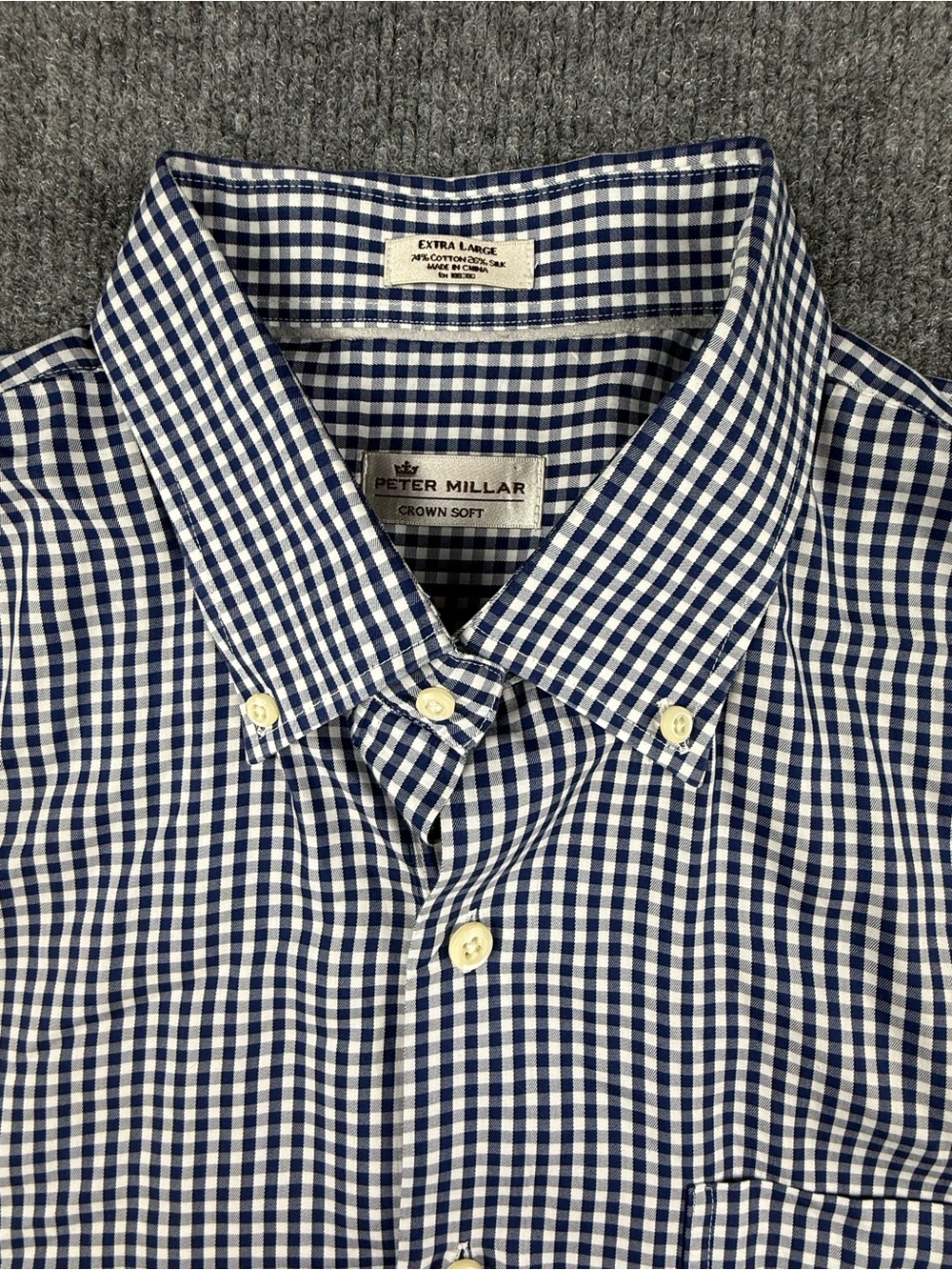 Peter Millar Crown Soft Navy and White Gingham Button-Down Shirt, Size XL - Picture 2 of 11